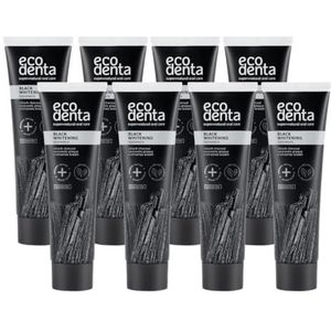 ECODENTA Houtskool tandpasta, tanden bleken pasta I natuurlijk witter tanden en verwijdert tandplak I zwarte natuurlijke pasta fluoride vrij, 8 x 100 ml mint