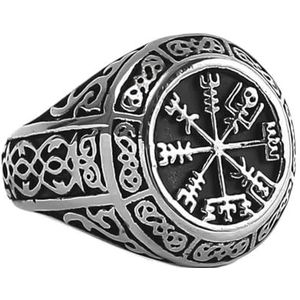Vegvisir Roestvrijstalen Ring Voor Mannen - Viking Kompas Keltische Knoop Zegelring - Noordse Slavische Heidense Amulet Handgemaakt Gepolijst Vintage Mode Sieraden Maat 8-13 (Color : Silver, Size :