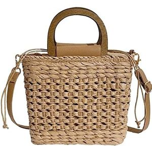 Strandtas Rieten Tas, Stro Geweven Handtas Zomer Vrouwen Tote Bags Weave Trekkoord Sluiting Houten Handvat Strand Schoudertas Crossbody Tas Tas Geweven Shopper Dames