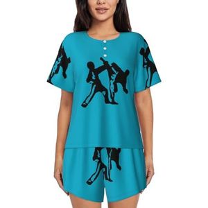 JIAWUJYNB Taekwondo Martial Arts Print Dames Pyjama Set Korte Mouwen - Comfortabele Korte Sets Mouwen Nachtkleding Met Zakken, Zwart, M