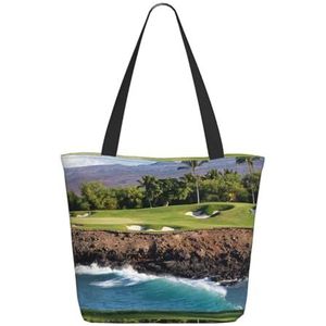OPSREY Bruine Beren gedrukt Tote Bag Shopping Bag Casual Schoudertas Opbergtas, Hawaii Beach Golf Course, Eén maat