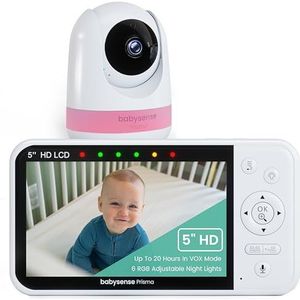 Babysense Prisma Babyfoon met camera en audio, 5 inch HD-video-babyfoon, 6 kleuren nachtlampje, gedeeld scherm, babygeluidsmachine met witte ruis en slaapliedjes, veilig zonder wifi