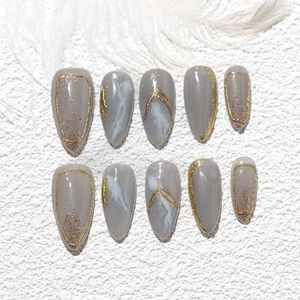 Sun&Beam Nails Handgemaakte kunstnagels, middellang, amandelnagels om op te plakken, in blauw goud, ombre handgeschilderd kleurverloop, design met kleefpads, 10 stuks (#230 L)