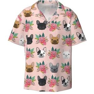 YJxoZH Franse Bulldog en bloemenprint heren overhemden casual button down korte mouw zomer strand shirt vakantie shirts, Zwart, S
