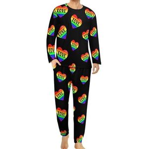 Love Rainbow Gay Pride Heart Comfortabele heren pyjama set ronde hals lange mouwen loungewear met zakken 6XL
