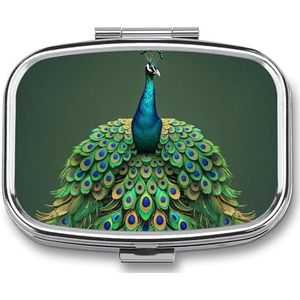 Pauw met kwastjes pillenetui met 2 compartimenten, pillenorganizer, draagbare vierkante pillendoos, vitaminepillenorganizer voor zakportemonnee en reizen