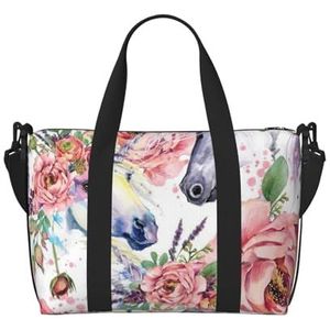 YUNWEIKEJI Aquarel paard rozen bloemen, grote strandtas schoudertas reistas - draagtas handtas met handgrepen en riemen, zoals afgebeeld, Eén maat