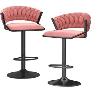 DangLeKJ Barkrukken set van 2 fluweel, geweven moderne 360° draaibare barkrukken met rugleuning, zwarte basis, hoge keukenstoelen voor bar, café, verstelbare hoogte 45-60 cm, roze