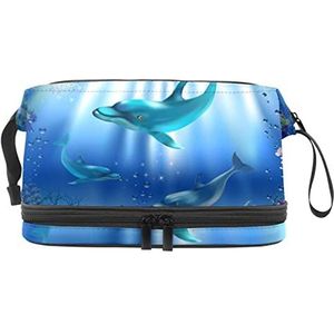 Dubbele Laag Cosmetische Tas Dolfijnen Draagbare Make-up Tas Reizen Organizer Pouch voor Vrouwen Meisjes Toiletartikelen Tassen, Meerkleurig, 27x15x14 cm/10.6x5.9x5.5 in, Make-up zakje