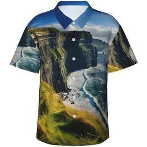 Ierland Buitenshuis County Clare The Cliffs Print Fun Hawaiiaans shirt voor mannen Casual Korte Mouw Button Down Shirts Zomer Vakanties, Zwart, S
