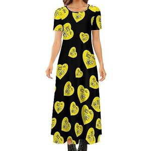 Save The Bees4 Zomerjurk voor dames, casual, korte mouwen, maxi-jurk, ronde hals, bedrukt, lange jurk, M