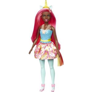 barbie Dreamtopia Eenhoorn-pop met regenbooghaar en fantasy-accessoires, verschillende modellen, roze en geel (Mattel HGR19)