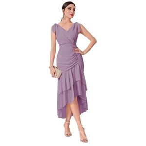 jurken voor dames Jurk met gestrikte schouder en ruches aan de zoom met ruches - Elegante, mouwloze lange jurk met V-hals en A-lijn (Color : Purple, Size : Small)