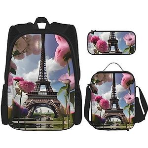 KoNsev Regenboog geometrische rugzakken met lunchbox etui voor college laptop rugzak 15 inch dagrugzak, Bloem Parijs Eiffeltorens, Eén maat