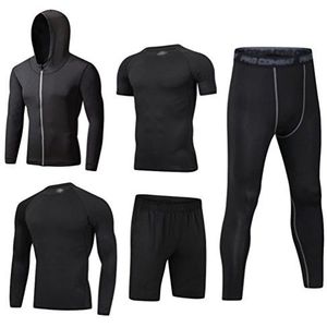 Dooxi Heren 5 stuks sport gym fitness kleding set, hoodies jassen met lange mouw of korte mouw basislagen T-shirts, losse fitting shorts, compressie broek voor workout training running trainingspakken, Stijl 11, XL