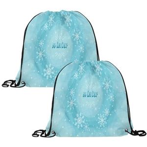 VAPOKF 2 STKS Trekkoord Tassen, PE Gym Bag, Gepersonaliseerde String Zwemmen Trainer Tas voor School Gym Sport Reizen, Winter Blauwe Sneeuwvlok, Meerkleurig, 13.4x13.0in/34x33cm