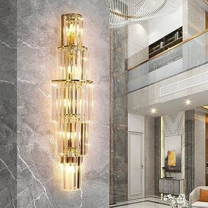 ShuuL Moderne kristallen wandlamp 80 cm, luxe wandlamp voor binnen, lineaire wandverlichting, lang, goudkleurig, dimbaar, led-wandlamp voor hal,