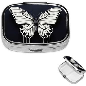 Vierkante pillendoos draagbare metalen pillenetui 2 compartimenten kleine reispillenorganizer een zwart-witte vlinder vitamines houder organizer voor portemonnee zak