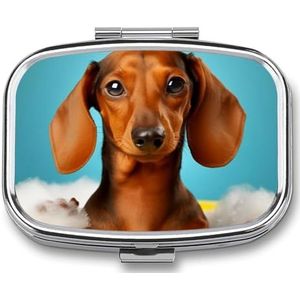 Teckel hondenpillenetui met 2 compartimenten, pillenorganizer, draagbare vierkante pillendoos, vitaminepillenorganizer voor zakportemonnee en reizen