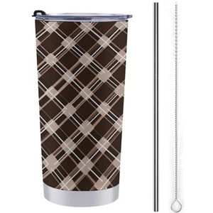 FZMTLDS Bruine en witte beker 20oz roestvrijstalen waterflessen met handvat lekvrije grote capaciteit autobeker reismok geïsoleerde koffiekop geschenken voor vrouwen mannen