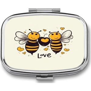 Kleine pillendoos 2 compartimenten geneeskunde pillendoosje draagbare Bee Love Honing bedrukte pillencontainer voor zak of portemonnee pillendoos metalen geneeskunde vitamine organizer