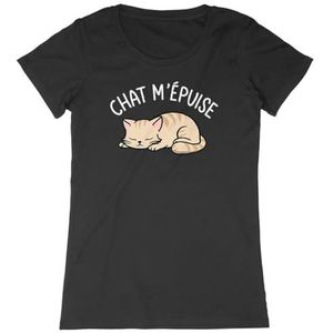 Cat m'épuise T-shirt voor dames, bedrukt in Frankrijk, 100% biologisch katoen, cadeau voor verjaardagsdieren, origineel grappig, Zwart, XS