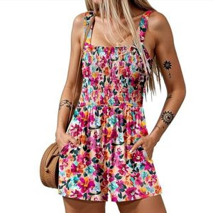 CupitiDU Dames zomer vierkante hals mouwloze losse casual korte gesmokte romper, elegante strandvakantie outfits met zakken, roze (hot pink), XXL