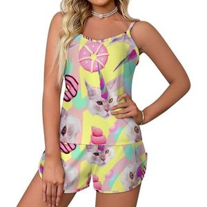 Eenhoorn kat 2-delige pyjamaset voor dames, sexy tanktop en shorts, nachtkleding PJ Lounge