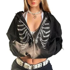 Y2k hoodie met ritssluiting voor dames, esthetisch grafisch sweatshirt met capuchon en strass, skelet, trui, E-Girl 90s streetwear jas, B-Zwart, XS-S