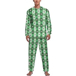 Alien Faces Green Squares Zachte Heren Pyjama Set Comfortabele Lange Mouw Loungewear Top En Broek Geschenken L