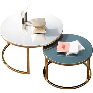 Ronde nestende salontafels set van 2 glas en roestvrij staal moderne bijzettafel woonkamer slaapkamer appartement modern (kleur: N, maat: 70 x 44 cm+60 x 39 cm)