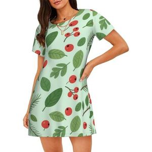 Zelinge Cartoon Womens Nachtjapon Slaap Tee Nachthemd Korte Mouw Nachtjapon Zachte Nachtkleding S-3XL, Bessen Groen Rood Kerstmis, S