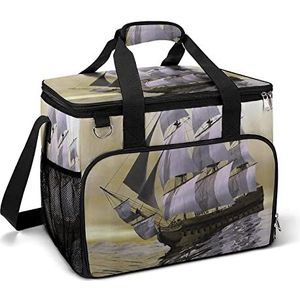 Houten zeilschip grappige koeltas opvouwbare draagbare geïsoleerde zakken lunch draagtas met meerdere zakken voor strand, picknick, camping, werk