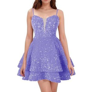 WSEYU Spaghetti Bandjes Homecoming Jurken Korte Sprankelende Pailletten Bruidsmeisje Afstuderen Cocktail Party Prom Gown ZM290, Paars A, 32