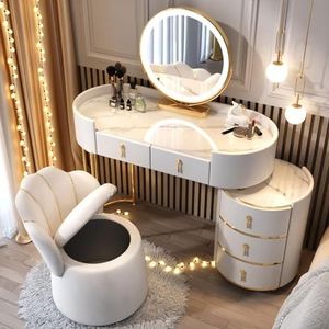 LED-verlichting spiegel kaptafel set - moderne make-uptafel met kluisjes en stoelen. 5 laden voor slaapkamer make-up voor vrouwen meisjes, slaapkamer - Koop nu!