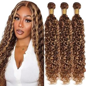 Tuheerst Water Wave Human Hair Bundles P427 Highlight Blonde Real Hair Human Hair Extensions Sew in Hair Extension 3 Bundles Double Weft Remy Hair Low Shedding for Woman 34 34 34 Inch