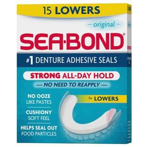 Sea Bond Secure Kunstgebit zelfklevende afdichtingen, originele onderlagen, zinkvrij, de hele dag door te houden, rommelvrij, 15 stuks (1 stuks)