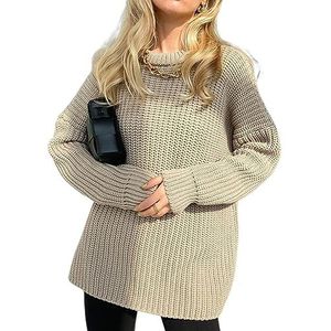 Sawmew Dames winter effen kleur trui Basic O-hals lange mouw elegante pullover gebreide trui (Color : Khaki, Size : L)