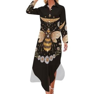 Honey Bee Moon Maxi-jurk voor dames, lange mouwen, knoopsluiting, casual party, lange jurk, 4XL