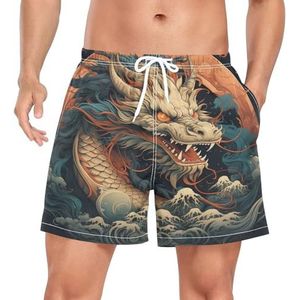 Retro Oriental Dragon Animal Zwembroek voor heren, sneldrogend, met zakken, Leuke mode, S