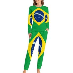 Braziliaanse vlag zachte damespyjama met lange mouwen, warme pasvorm, loungewear sets met zakken, L