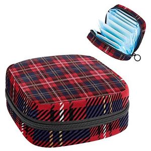 Periode Pouch Draagbare Tampon Opbergtas,Tampon Houder voor Portemonnee Vrouwelijke Product Organizer,Tartan Plaid Rood Marineblauw Patroon, Meerkleurig, 4.7x6.6x6.6 in/12x17x17 cm