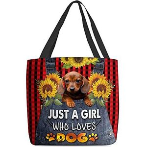 177 Schouderhandtassen rode teckel hond met zonnebloemen een meisje dat van hond houdt strandtas milieuvriendelijke dameshandtas waterdichte handtas voor yoga, dagelijks gebruik, picknick, 15 x 50 x