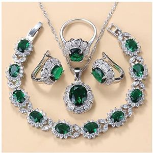 Oorbellen 925 zilveren ketting en oorbellen sieraden sets for vrouwen mode-accessoires Groen zirkoon bedelarmband en ring sets Oorbellen voor dames (Color : Green 4PCS, Size : 9)