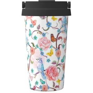 YJxoZH Romantische Fancy Bloemen Vogels Vlinder Print Herbruikbare Koffie Cup - Vacuüm Geïsoleerde Koffie Reismok voor Warme & Koude Dranken