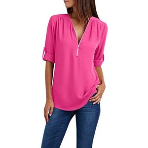 Dames Rits V-hals Shirts Henley Casual Zomer 3/4 Mouw Chiffon Werk Blouse Roll Up Mouwen Vloeiende Tuniek Tops Sale, Mode Dames Tops UK, roze (hot pink), XL