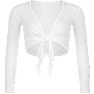 Womens Lange Volledige Mouwen Dames Stretch Bolero Cropped Vest Front Tie Knoop Shrug Top Crop Bolero Shrug Size UK 8-26, Kleur: wit, 46/48 NL