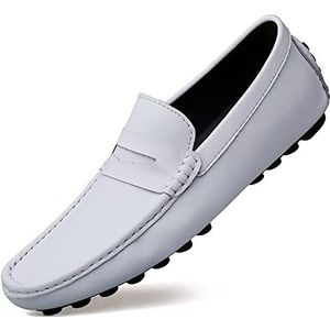 Heren Loafers Penny Driving Loafers Driving Simple Leer Antislip Lichtgewicht Comfortabel Mode Bruiloft Slip On(White,45.5 EU)