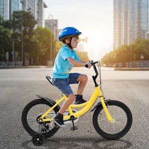 Qussse Kinderfiets, 16 inch, voor jongens en meisjes, koolstofstaal-legering, fiets vanaf 4-8 jaar, in hoogte verstelbaar, kinderfietsen met steunwielen, hulpwiel (geel)