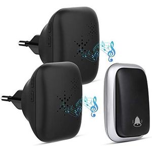 PDGROW Draadloze deurbel, batterijloze deurbel, instekendevoorraad, draadloos huisbelset, waterdichte huisbel, 2 ontvangers met 500 FT bereik, 38 beltonen, 4 volumeniveaus en led, zwart